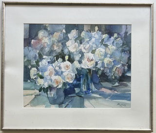 Grote aquarel, “Modern Bloemstilleven”, geschilderd door Jos Leurs